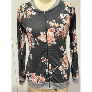 Women'Égs Floral Zip-Up knit cardigan Size S Gray Peach pink pockets ribbed trim